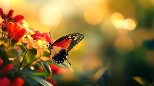 Butterfly pauses on glowing blossoms in golden evening light