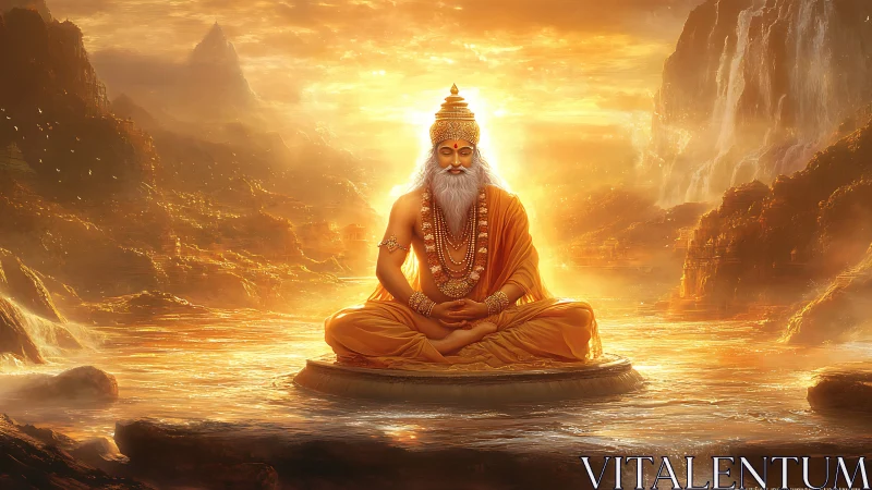 Radiant sage meditating in luminous golden river realm.