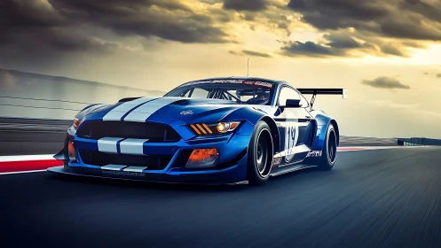 Blue GT race car with motion blur on sunset circuit.