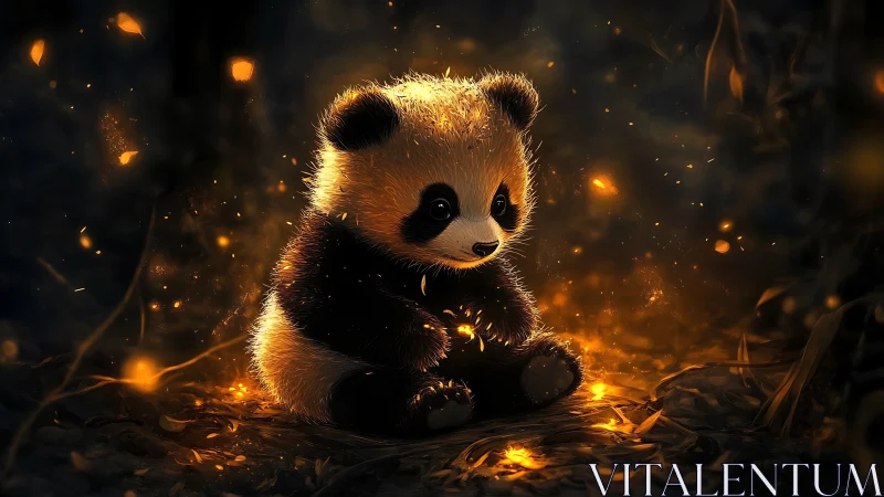 Bioluminescent fireflies illuminating fluffy baby panda at night