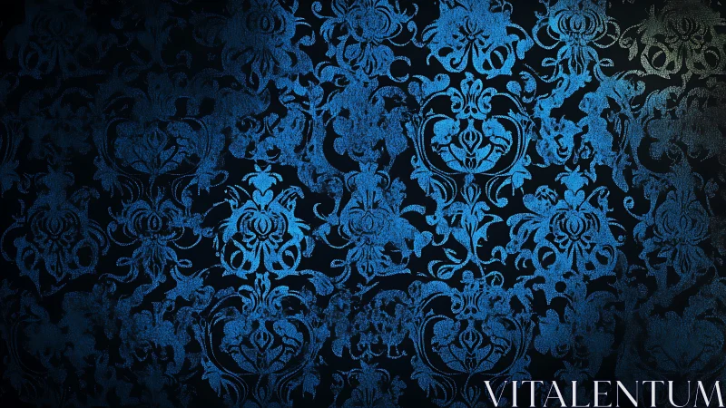 Blue ornamental damask pattern on dark textured ground.