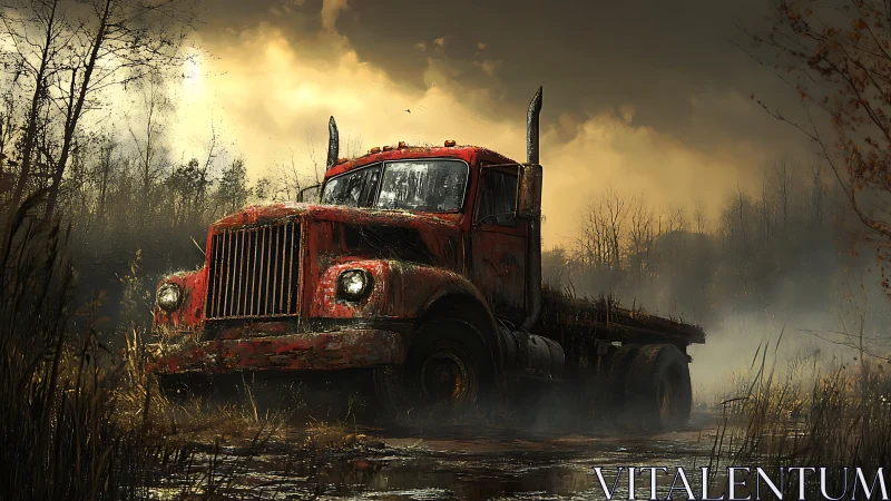 Rusting red truck rests in misty marsh under storm sky