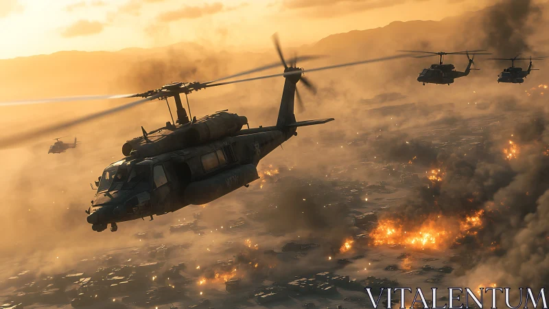 Military helicopters over burning urban terrain at dusk.