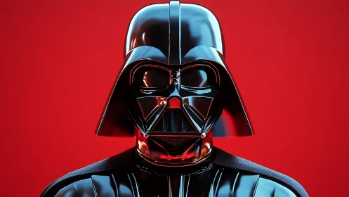 Shiny black sci fi helmet against bold red backdrop.