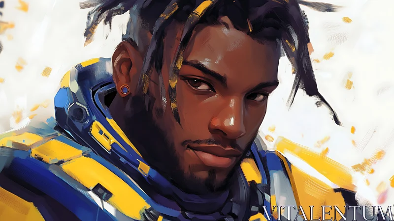 Male subject in yellow and blue sci‑fi armor, digital portrait.