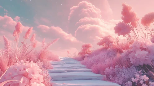 Dreamlike pastel stairway ascends through a soft pink sky.