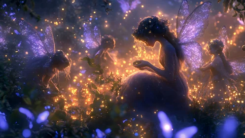 Gentle forest fairies cradle glowing lights in a moonlit garden