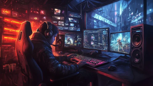 Cyberpunk gamer at triple monitor RGB battlestation desk.