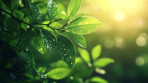 Macro botanical leaf cluster with dewdrops in backlit bokeh field.