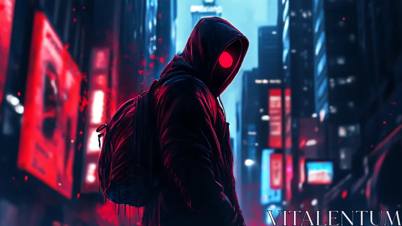 Hooded urban figure with red neon eyes in cyber cityscape.