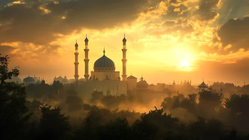 Golden sunrise over misty mosque skyline at dawn.