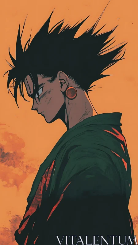 Brooding anime warrior in sunset glow and windswept calm.