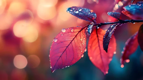 Dewlit crimson leaves drifting through a bokeh dawn.
