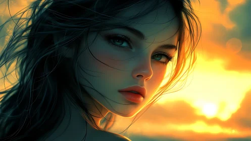 Soft sunset gaze with windswept hair and glowing light.