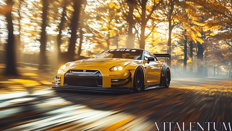 Yellow tuned sports car on forest road in autumn light.