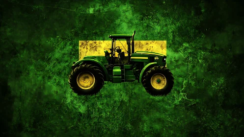 High contrast green farm tractor on textured abstract grunge field