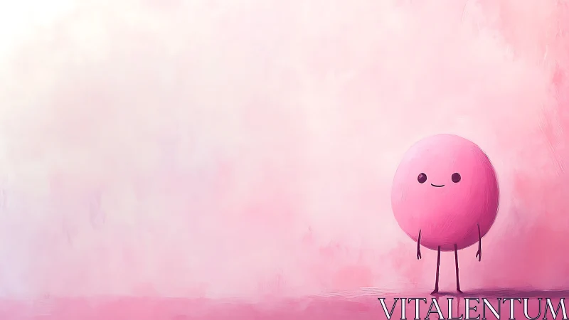 Smiling pink sphere character on soft pastel horizon.