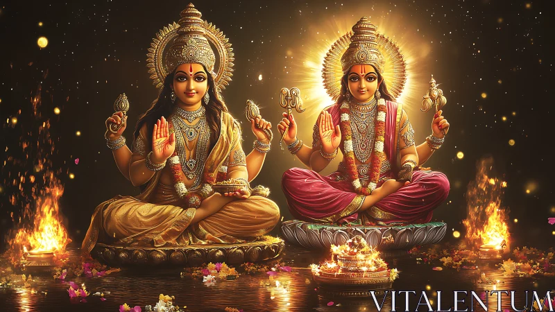 Divine Hindu deities glow in golden light amid sacred flames.