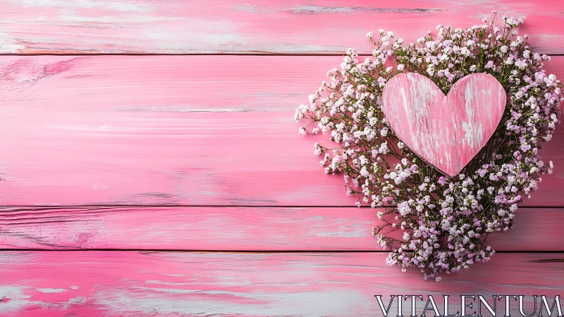 Carved Pink Heart Embedded Within Gypsophila Cluster on Distressed Wooden Surface