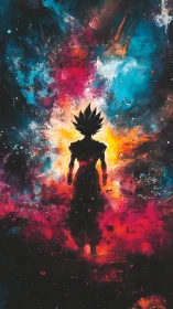 Silhouetted warrior ascending through vivid cosmic fire.