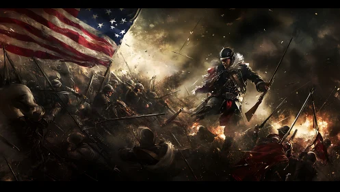 Colonial warrior leading chaotic battlefield charge scene.