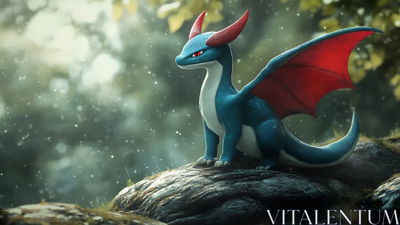 Rain-kissed baby dragon guards a mossy forest overlook.