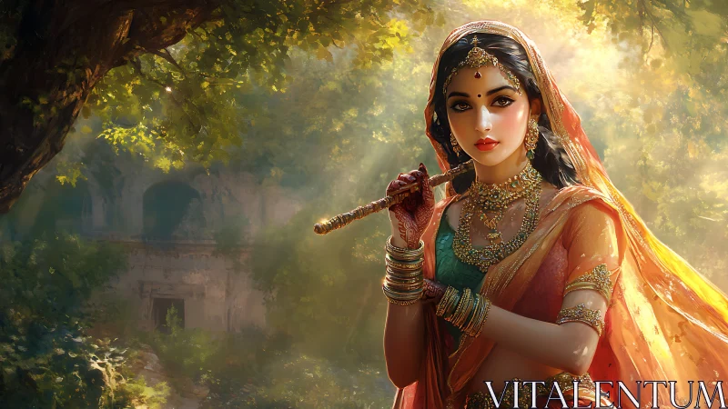 Woman in ornate attire holding flute in forest light.