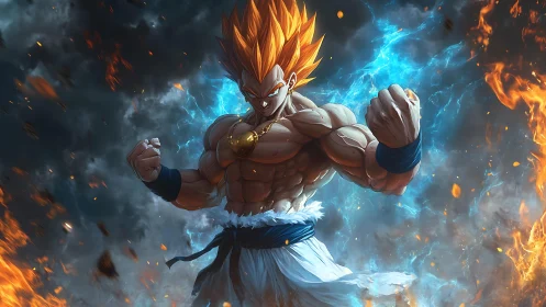 Hyper-detailed anime warrior surrounded by dual-element energy field