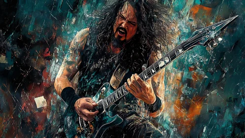 Passionate rock guitarist lost in a whirlwind of color.