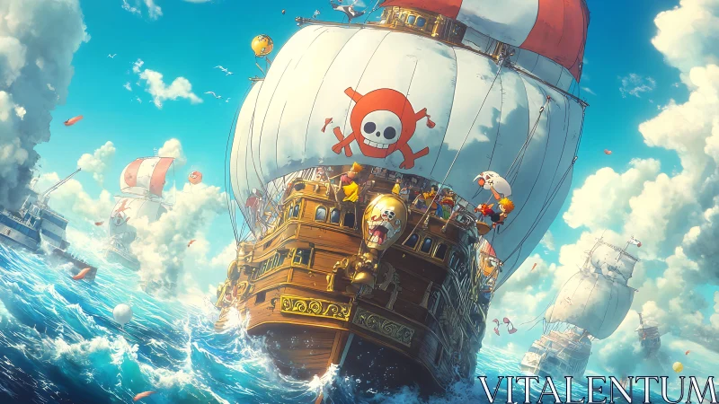Anime pirate galleon under billowing sails navigates dynamic seas