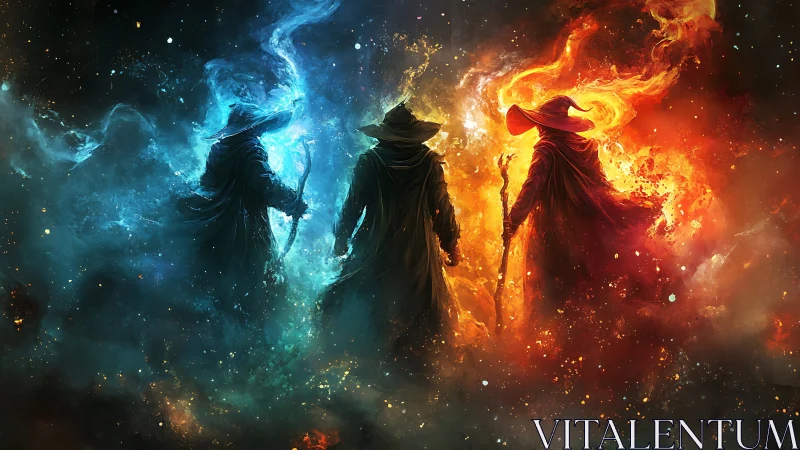 Three elemental mages argue quietly in a roaring nebula