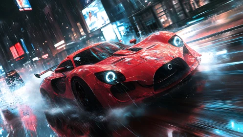 Aerodynamic red hypercar drifting through neon rainstorm city.
