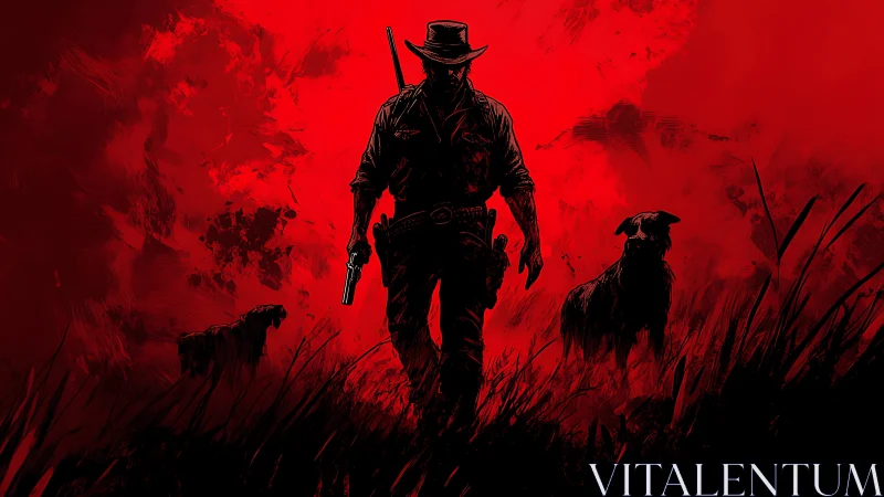 Silhouetted armed figure and dogs stand against red backdrop