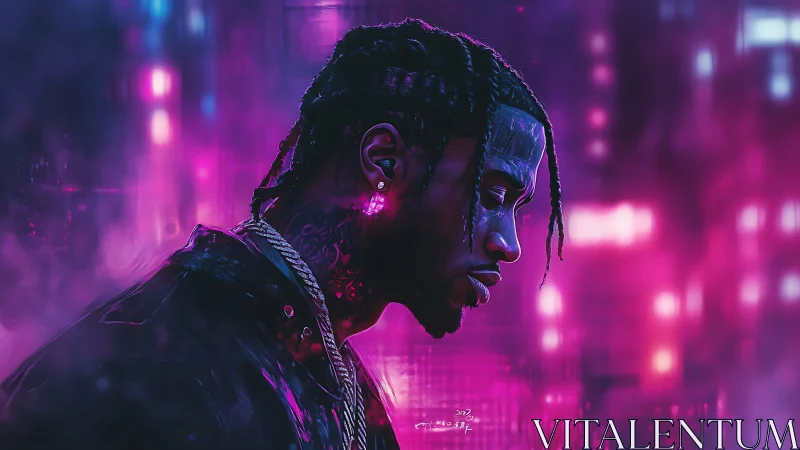 Neon-lit portrait of braided man in moody purple haze.