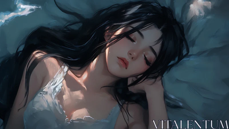 Soft nocturnal portrait depicts a sleeping girl in cool light