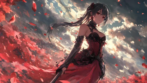 Female swordswoman in red dress amid drifting petals.