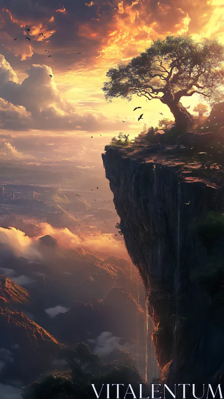 Lone tree crowns a glowing cliff above misty fantasy valley