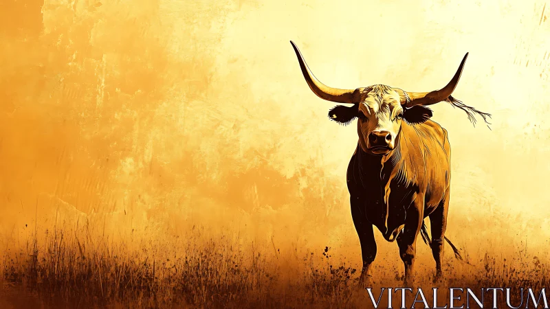 Longhorn bovine standing against textured ochre ground.