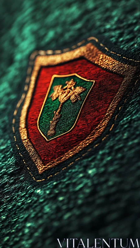 Embroidered heraldic shield glows on rich green fabric surface.