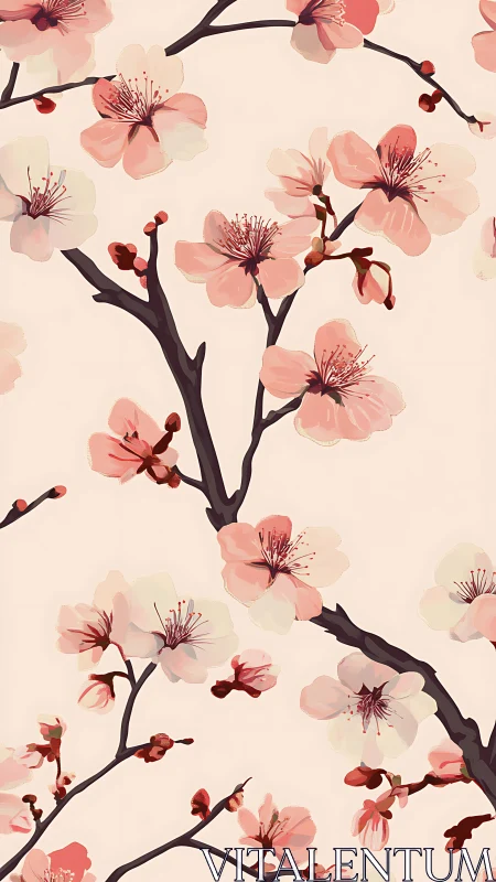 Cherry Blossoms in Soft Pink Bloom on Dark Branches.