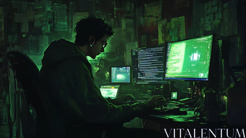 Midnight coder bends neon data streams in a glowing lair.