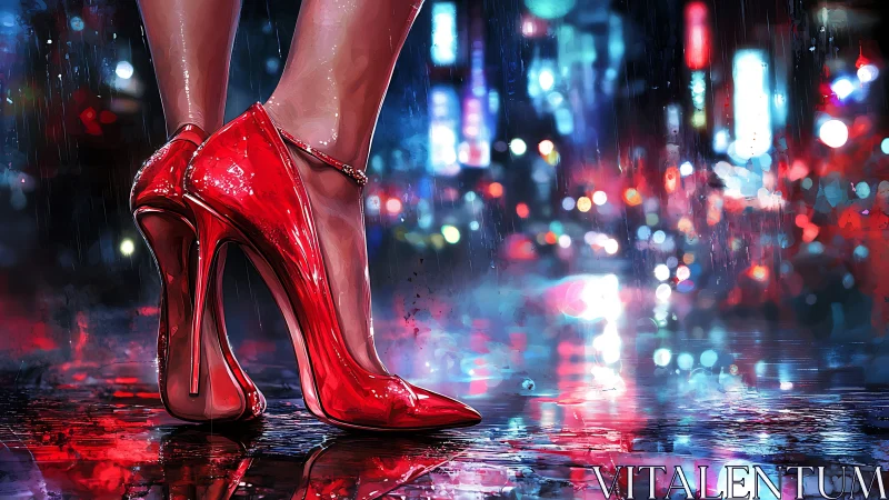 Red stiletto heels gleam in neon‑lit rainy city streets.