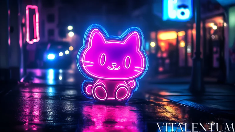Neon cat character glows against moody cyberpunk city street