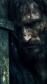 Grit-dark close-up portrait with weathered wood cruciform framing.
