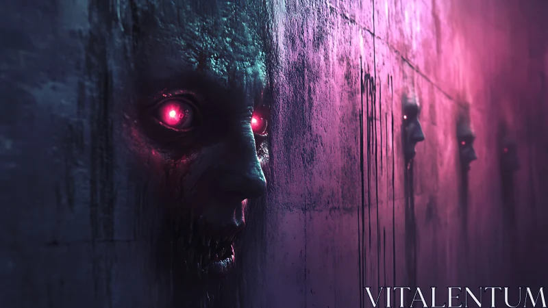 Neon-eyed phantoms emerge from a haunted concrete wall.