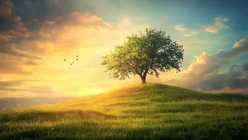 Lone green tree stands on sunlit hill under glowing sky