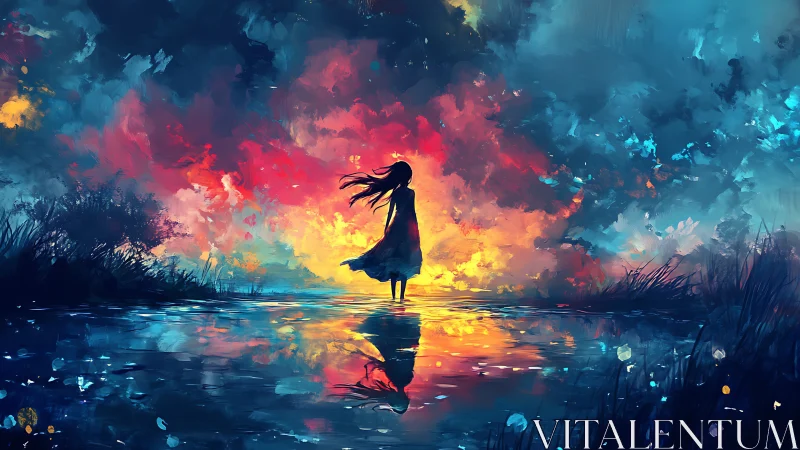 Silhouetted girl before chromatic sky and reflective water.