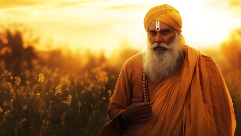 Elderly ascetic in saffron robes walking through golden field