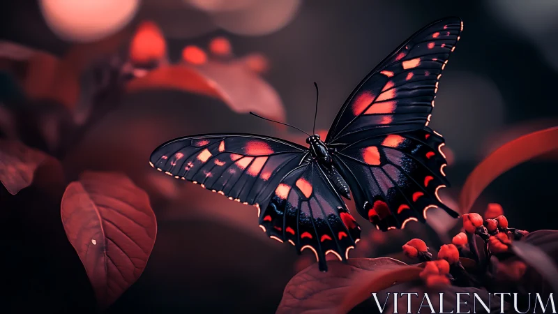 Crimson dusk butterfly poised on ruby leaves in dreamlight.