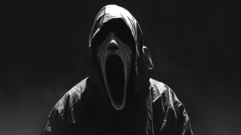 Hooded spectral figure rendered in high contrast monochrome chiaroscuro